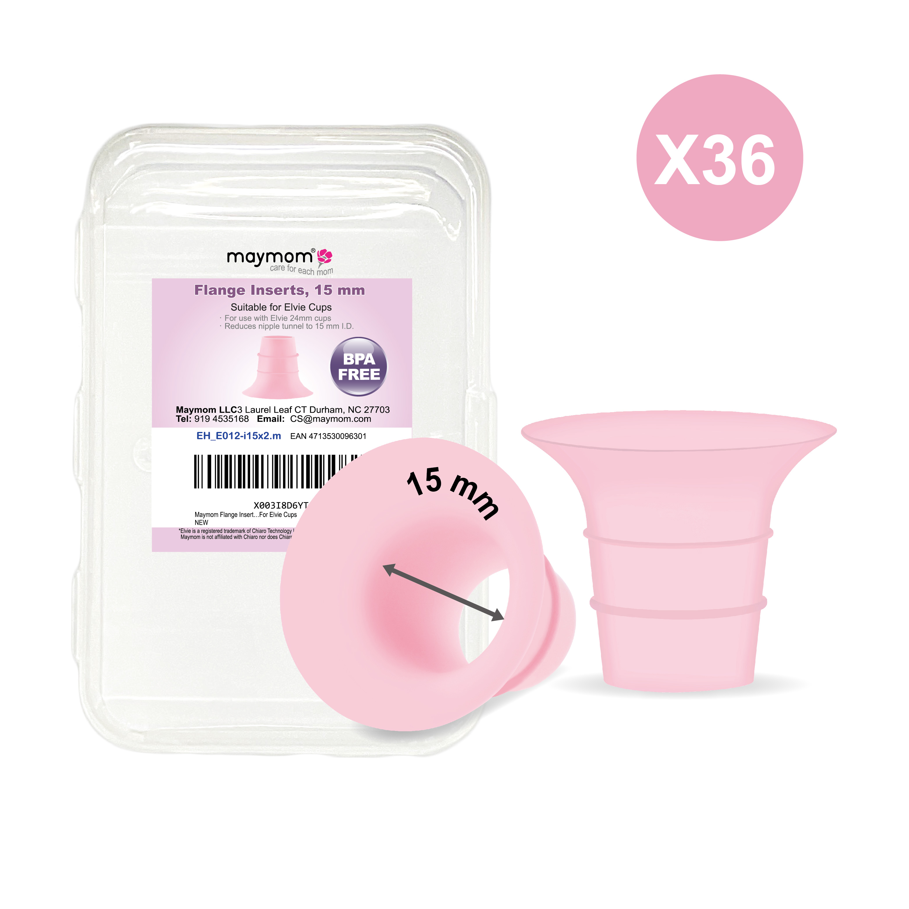 Maymom Flange Insert 15 mm (Short, Pink), 2 pcs/pack, 36 packs/kit, for USA ONLY, Compatible with Elvie Stride Cup (24mm)