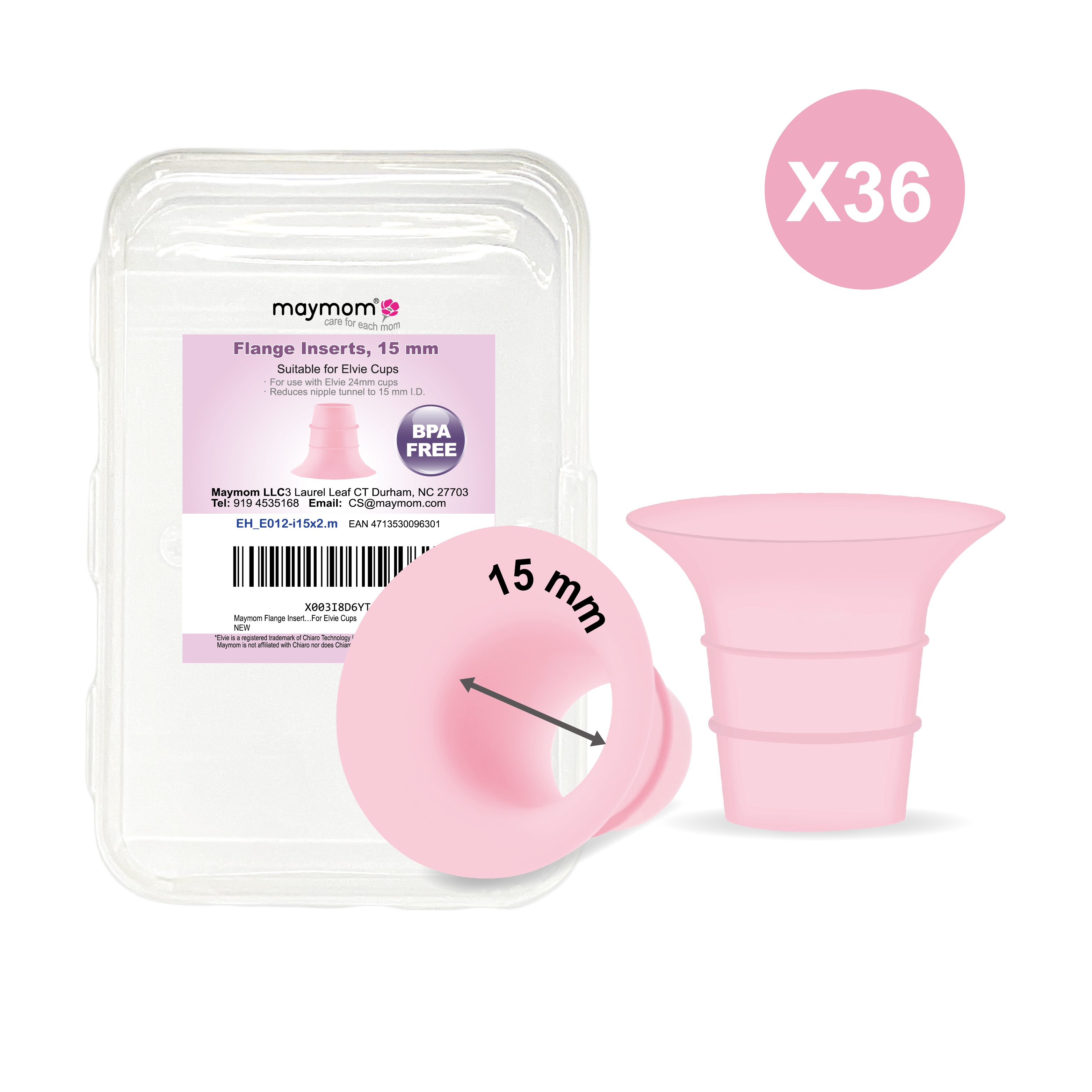 (image for) Maymom Flange Insert 15 mm (Short, Pink), 2 pcs/pack, 36 packs/kit, for USA ONLY, Compatible with Elvie Stride Cup (24mm)