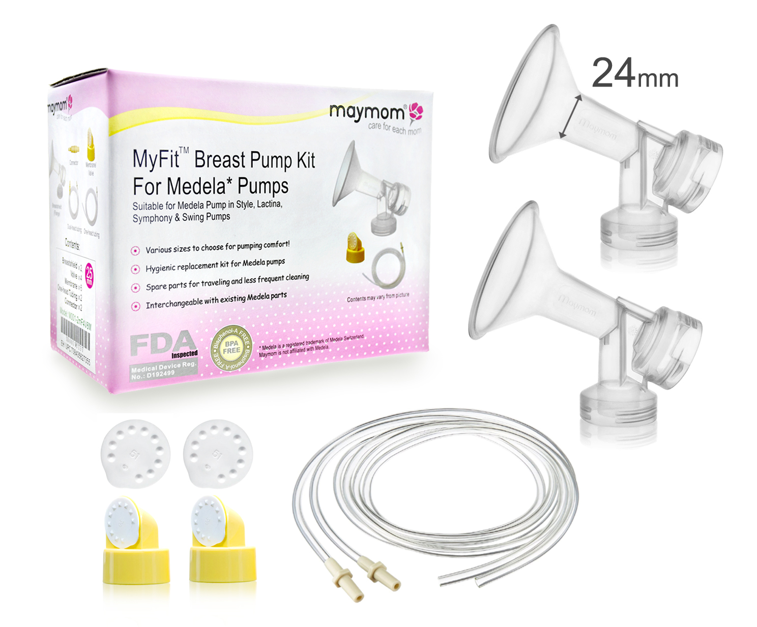 Breast Pump Kit for Medela Double Electric Pump in Style Pumps; 2 One-Piece Breastshields (M, 24 mm), 2 Valves, 4 Membranes