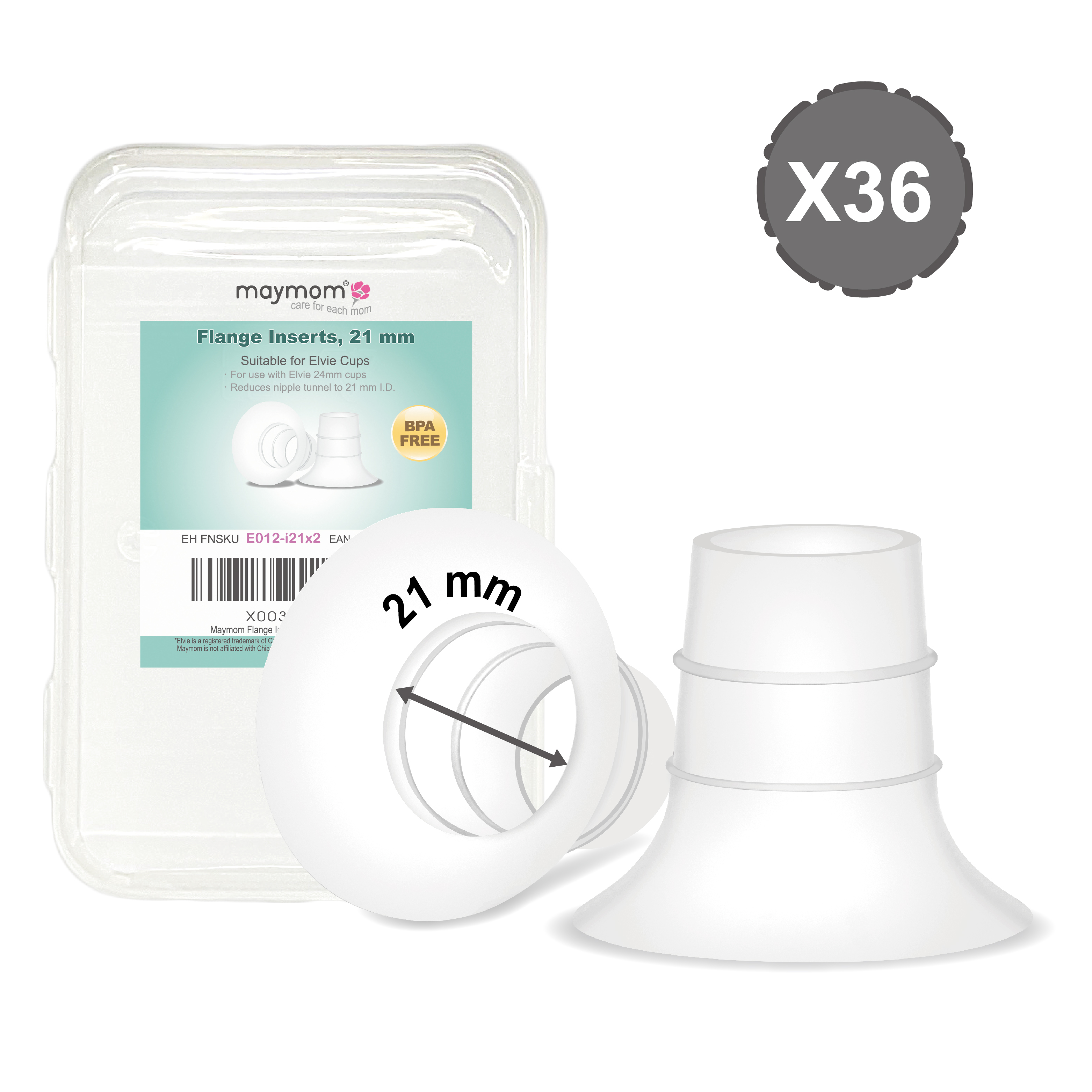 (image for) Maymom Flange Insert 21 mm (Short), 2 pcs/pack, 36 packs/kit, for USA ONLY, Compatible with Elvie Stride Cup (24mm)