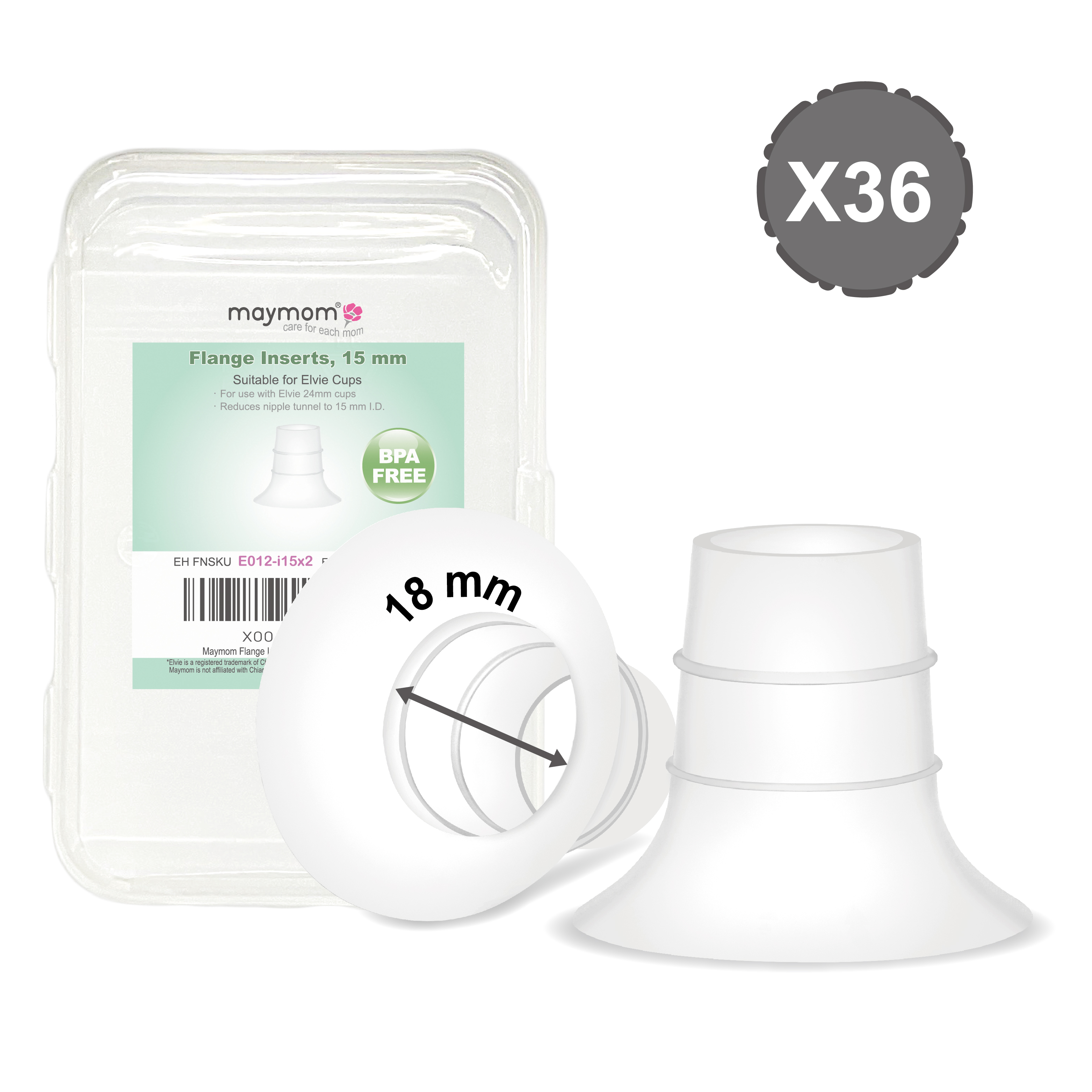 (image for) Maymom Flange Insert 18 mm (Short), 2 pcs/pack, 36 packs/kit, for USA ONLY, Compatible with Elvie Stride Cup (24mm)