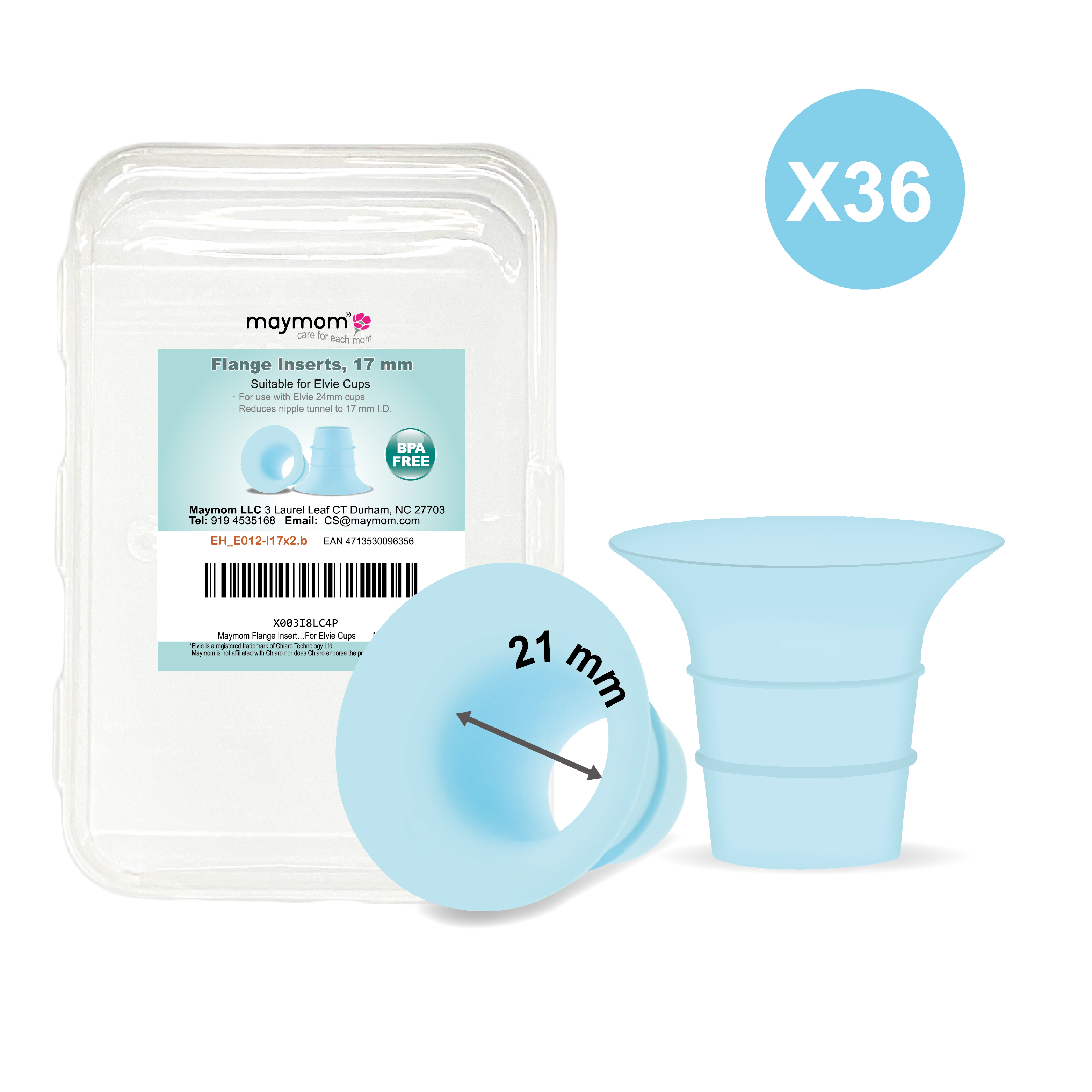 (image for) Maymom Flange Insert 21 mm (Short, Blue), 2 pcs/pack, 36 packs/kit, for USA ONLY, Compatible with Elvie Stride Cup (24mm)