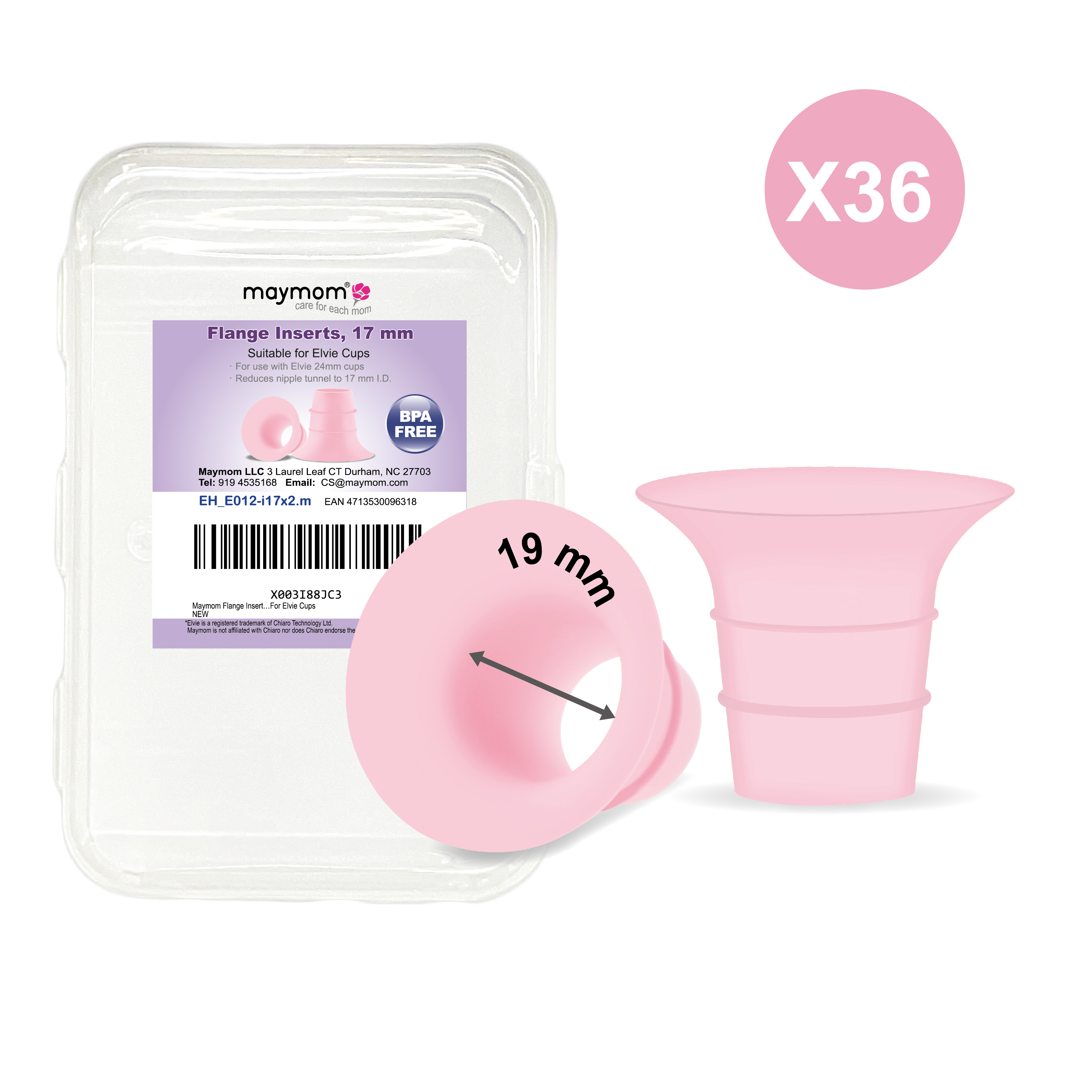 (image for) Maymom Flange Insert 19 mm (Short, Pink), 2 pcs/pack, 36 packs/kit, for USA ONLY, Compatible with Elvie Stride Cup (24mm)