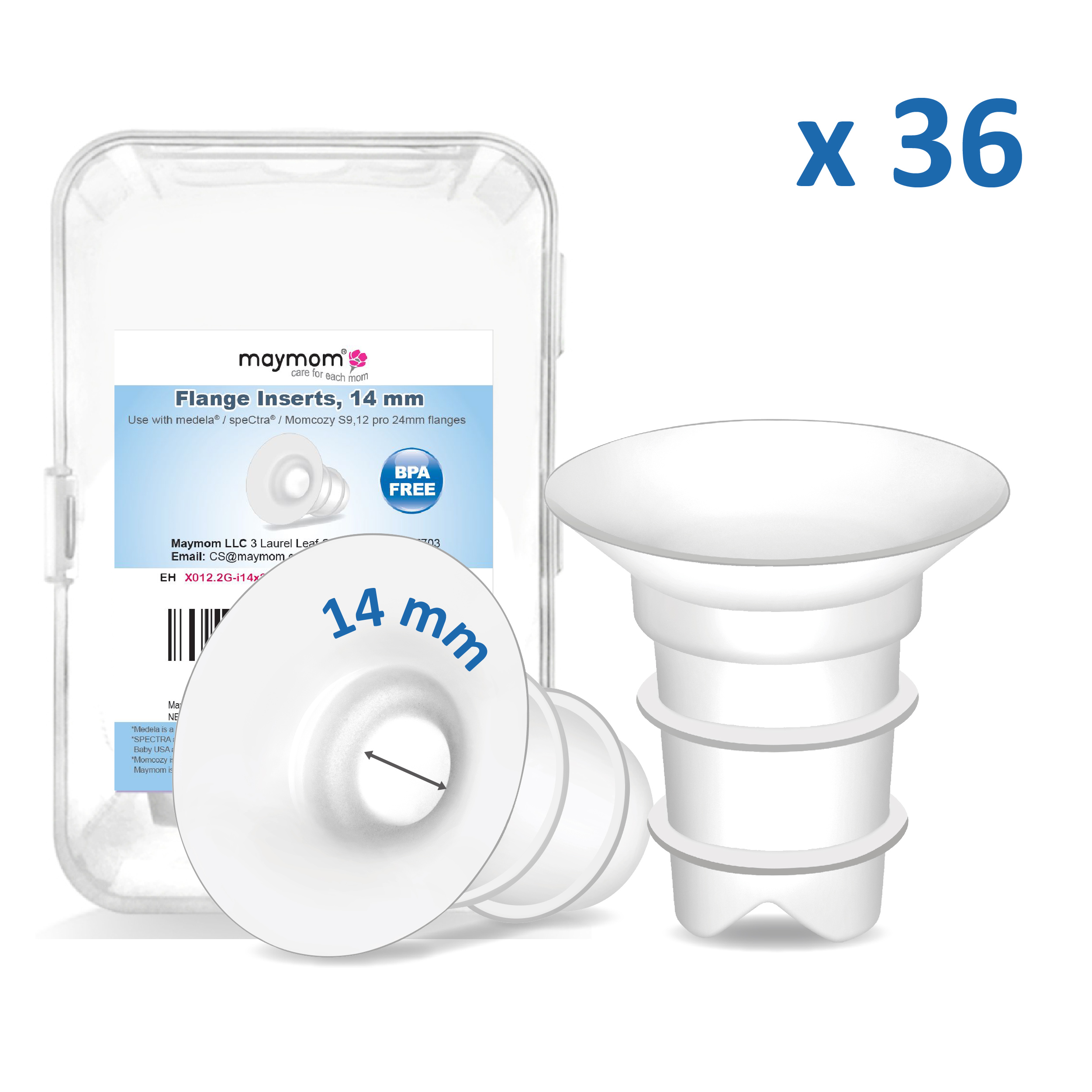 (image for) Maymom Flange Inserts 14mm Compatible with Spectra, Medela 24 mm Shields, Momcozy S9 Pro/S12 Pro, Willow Wearable Cup. Compatible with Medela Freestyle, Harmony; 36 packs/kit, for USA ONLY