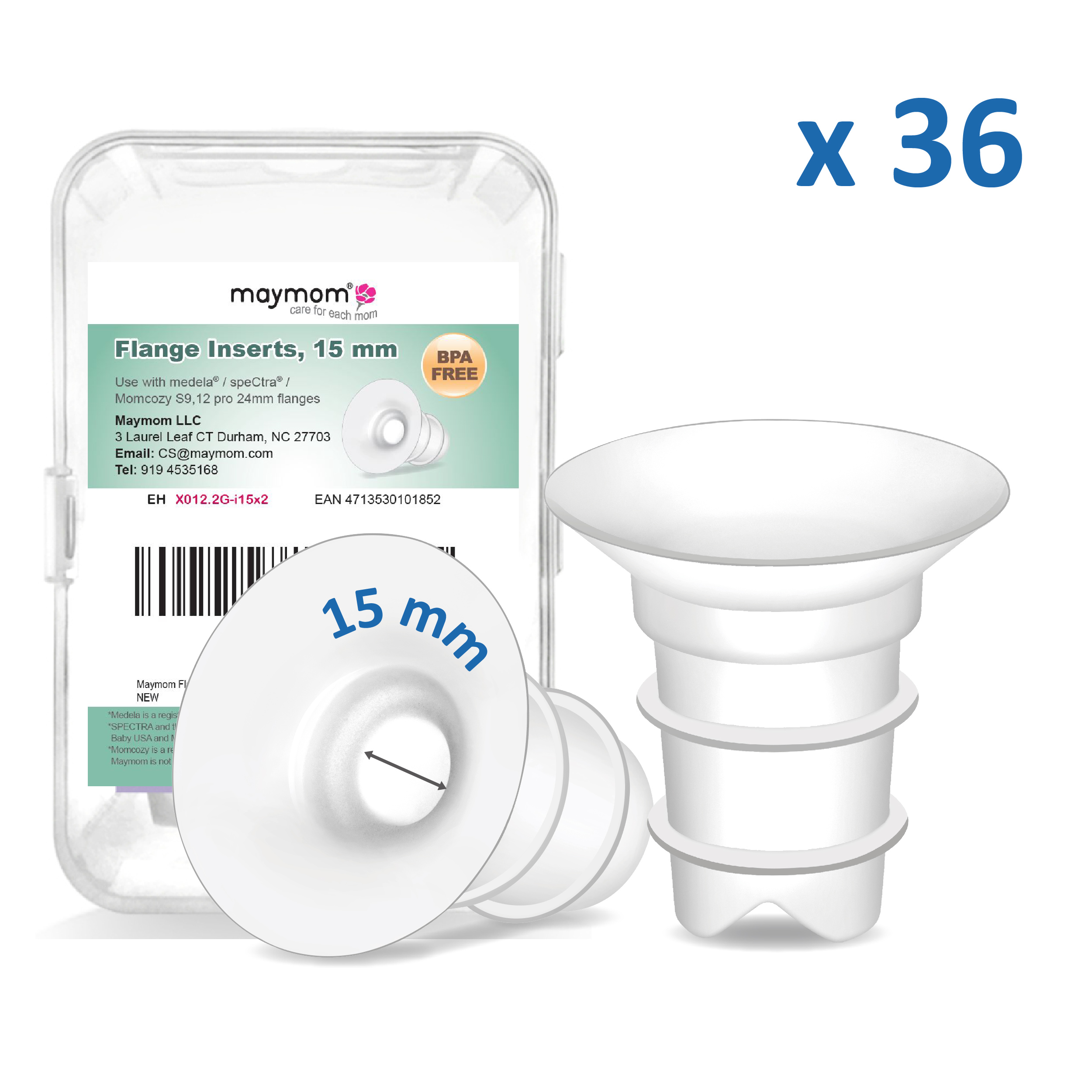 (image for) Maymom Flange Inserts 15mm Compatible with Spectra, Medela 24 mm Shields, Momcozy S9 Pro/S12 Pro, Willow Wearable Cup. Compatible with Medela Freestyle, Harmony; 36 packs/kit, for USA ONLY