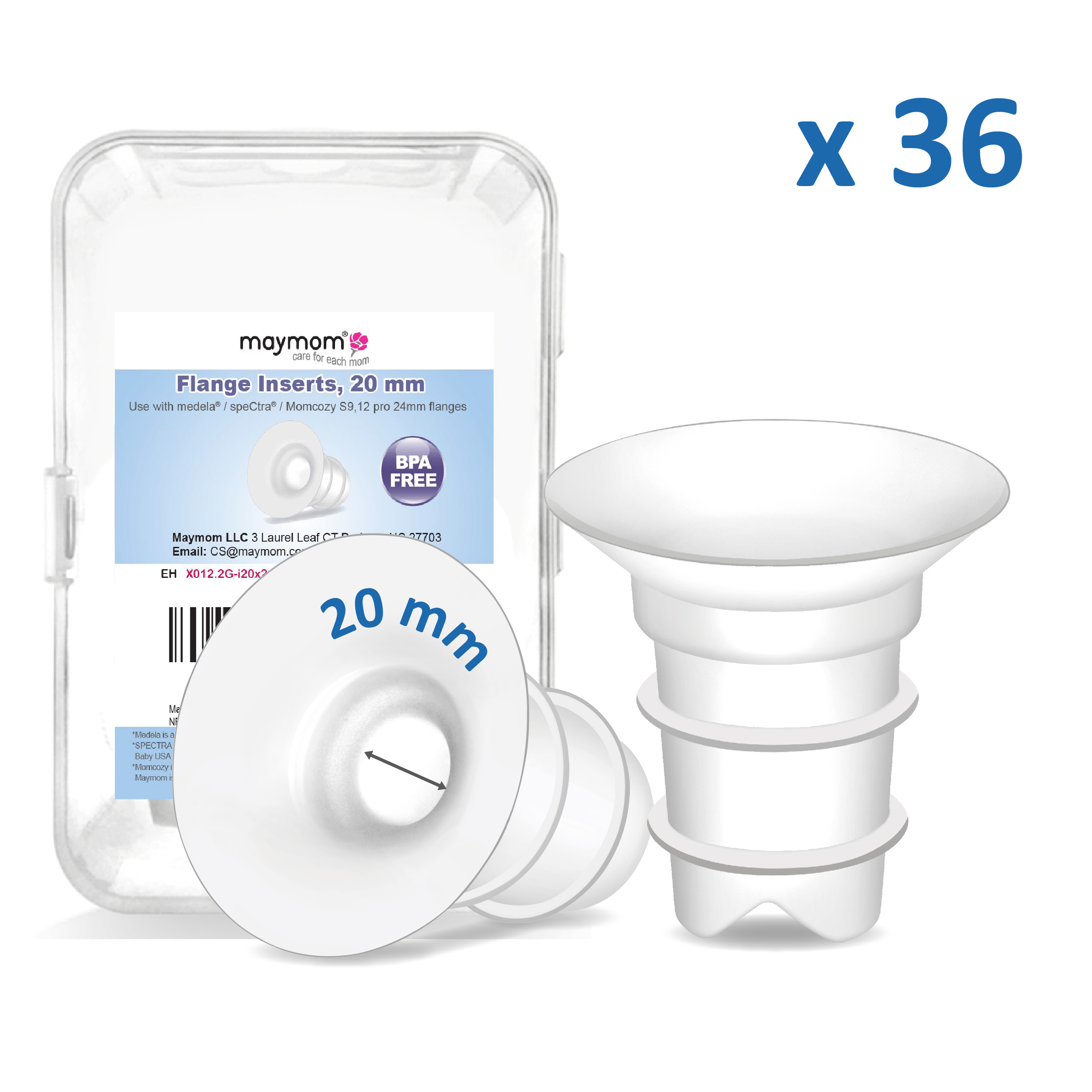 (image for) Maymom Flange Inserts 20mm Compatible with Spectra, Medela 24 mm Shields, Momcozy S9 Pro/S12 Pro, Willow Wearable Cup. Compatible with Medela Freestyle, Harmony; 36 packs/kit, for USA ONLY