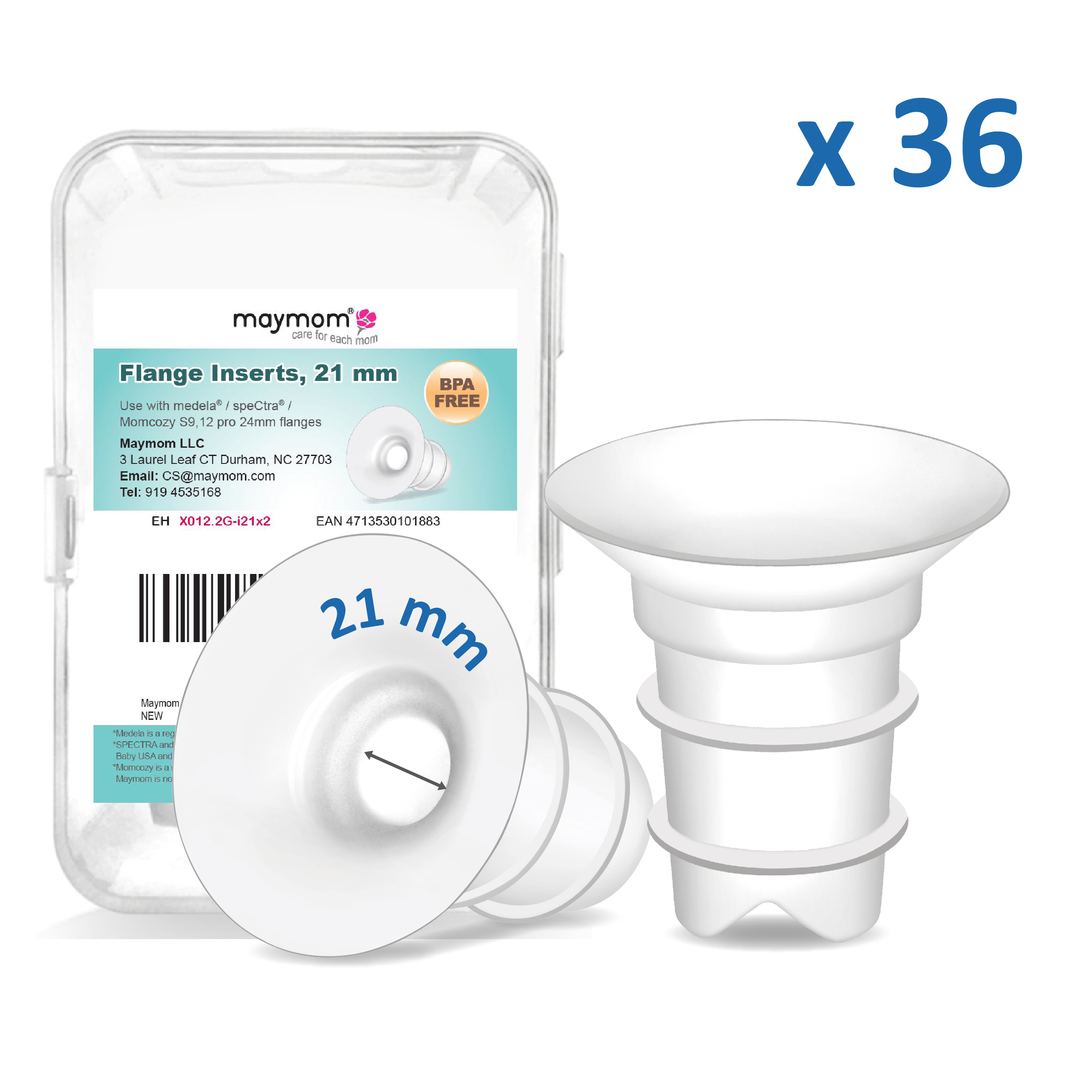 (image for) Maymom Flange Inserts 21mm Compatible with Spectra, Medela 24 mm Shields, Momcozy S9 Pro/S12 Pro, Willow Wearable Cup. Compatible with Medela Freestyle, 36 packs/kit, for USA ONLY